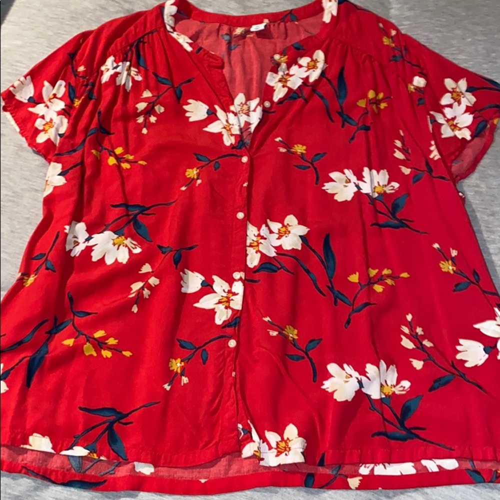 Worn Once, Red Button Down Top w/Floral Design